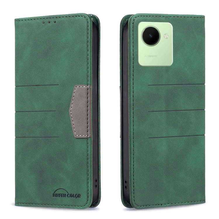 

For Realme C30 Magnetic Splicing Leather Phone Case(Green)