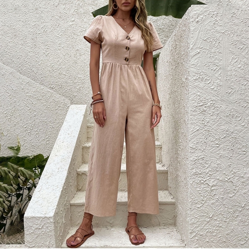 

V-neck Front Button Women Cropped Pants Solid Color Straight Jumpsuit, Size:S(Khaki)