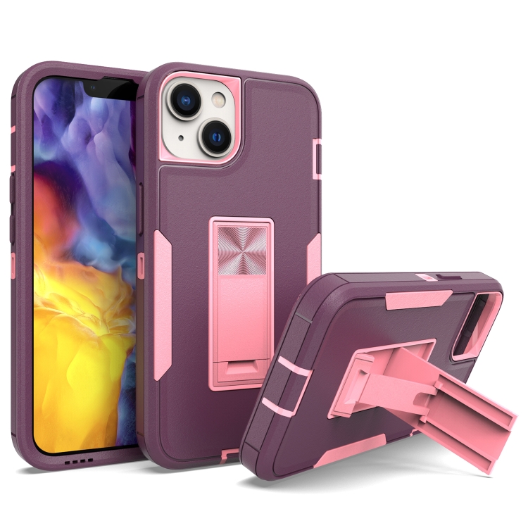 

For iPhone 14 Plus Magnetic Holder Phone Case (Purple Red + Rose Gold)
