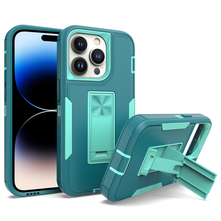 

For iPhone 14 Pro Magnetic Holder Phone Case(Lake Blue + Blue Green)