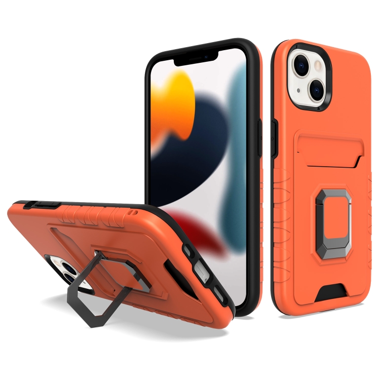

For iPhone 14 Plus Card Shield Magnetic Holder Phone Case (Orange)