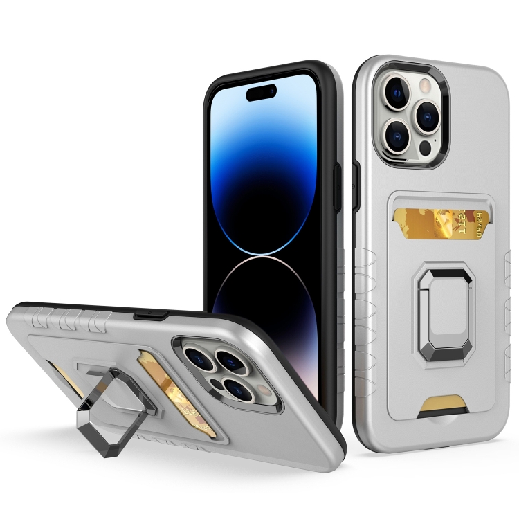 

For iPhone 14 Pro Max Card Shield Magnetic Holder Phone Case (Silver)