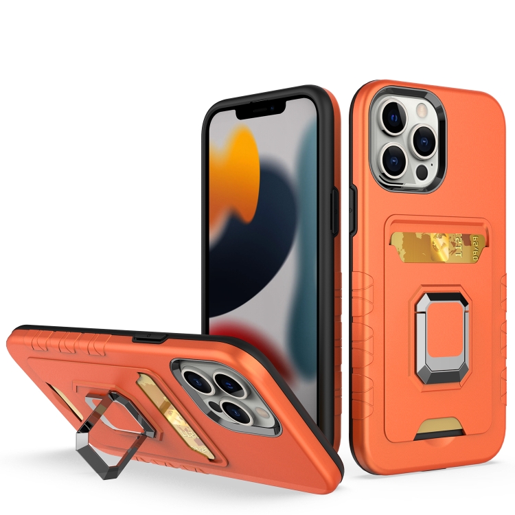 

For iPhone 13 Pro Max Card Shield Magnetic Holder Phone Case (Orange)