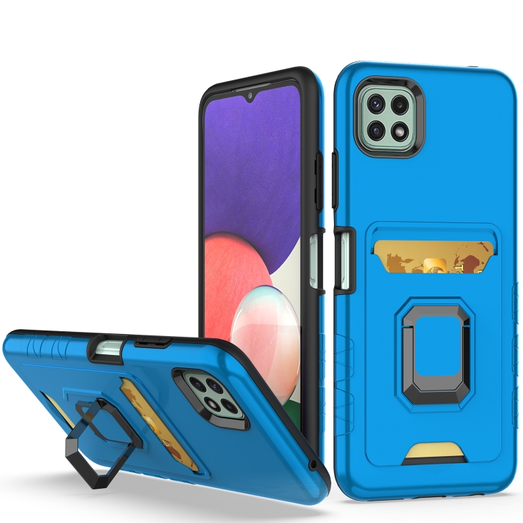 

For Samsung Galaxy A22 5G Card Shield Magnetic Holder Phone Case(Royal Blue)