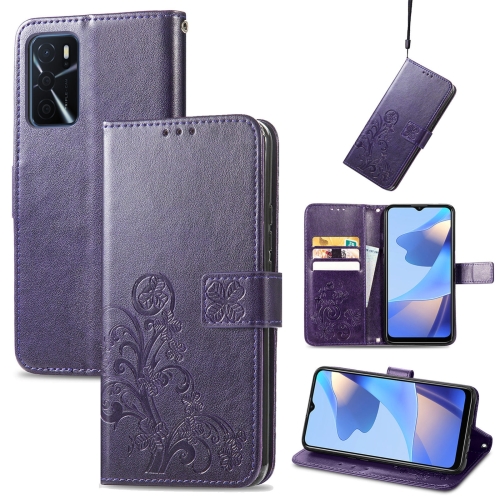 

For OPPO A16e Four-leaf Clasp Embossed Buckle Leather Phone Case(Purple)