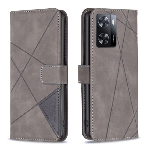 

For OPPO A57 4G Magnetic Buckle Rhombus Texture Leather Phone Case(Grey)