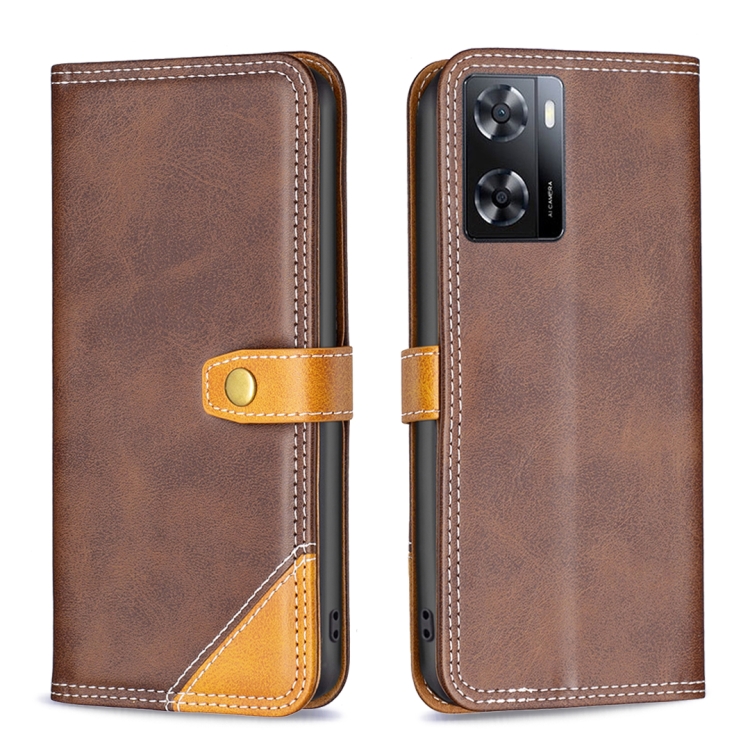 

For OPPO A57 4G Color Matching Double Sewing Thread Leather Phone Case(Brown)