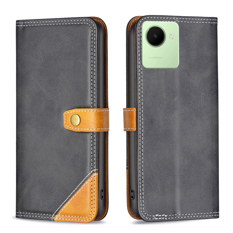

For Realme C30 Color Matching Double Sewing Thread Leather Phone Case(Black)