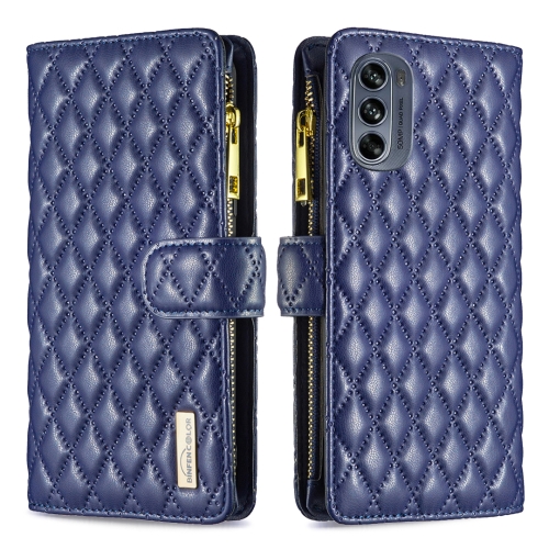 For Motorola Moto G62 Diamond Lattice Zipper Wallet Leather Flip Phone Case(Blue)