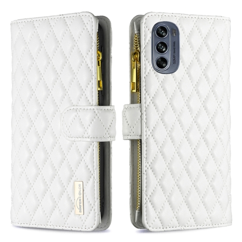 For Motorola Moto G62 Diamond Lattice Zipper Wallet Leather Flip Phone Case(White)