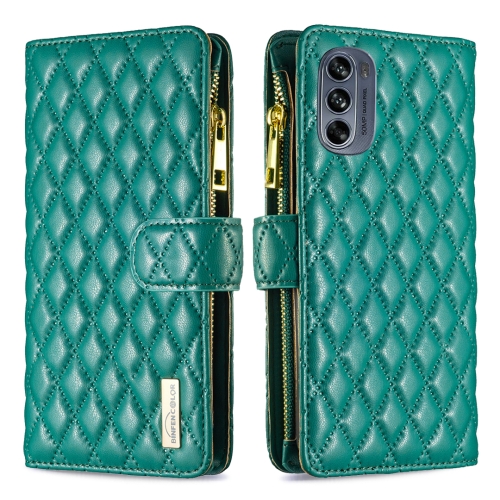 For Motorola Moto G62 Diamond Lattice Zipper Wallet Leather Flip Phone Case(Green)