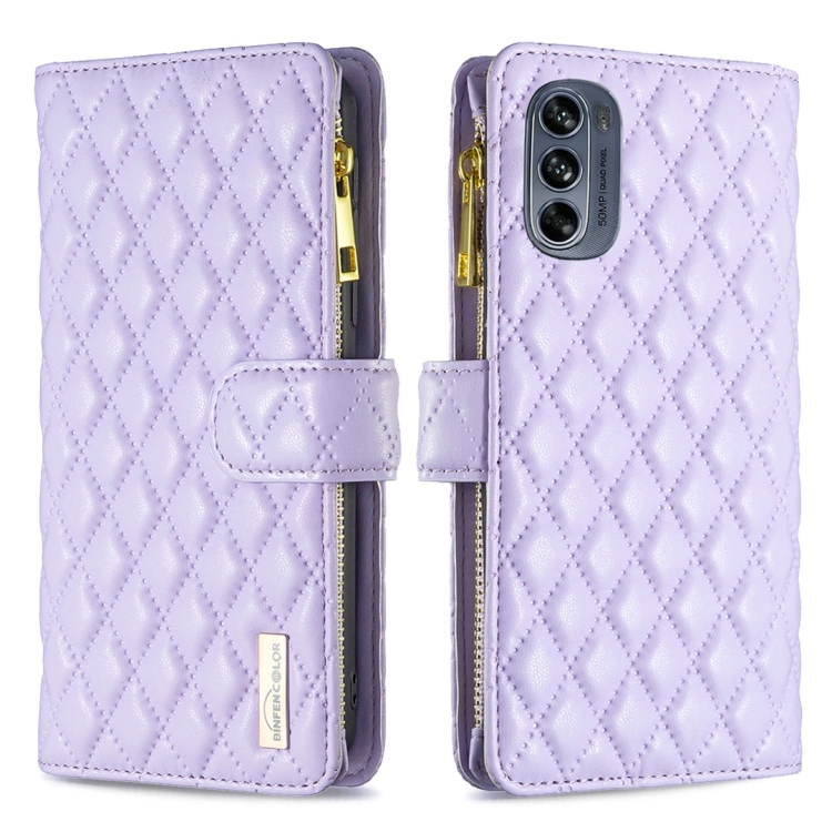 

For Motorola Moto G62 Diamond Lattice Zipper Wallet Leather Flip Phone Case(Purple)