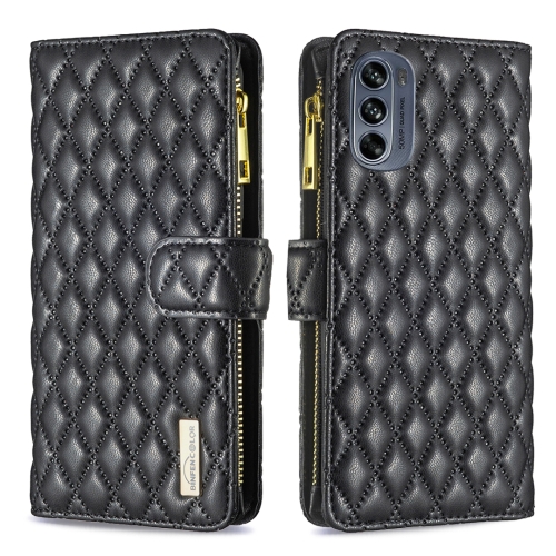 For Motorola Moto G62 Diamond Lattice Zipper Wallet Leather Flip Phone Case(Black)