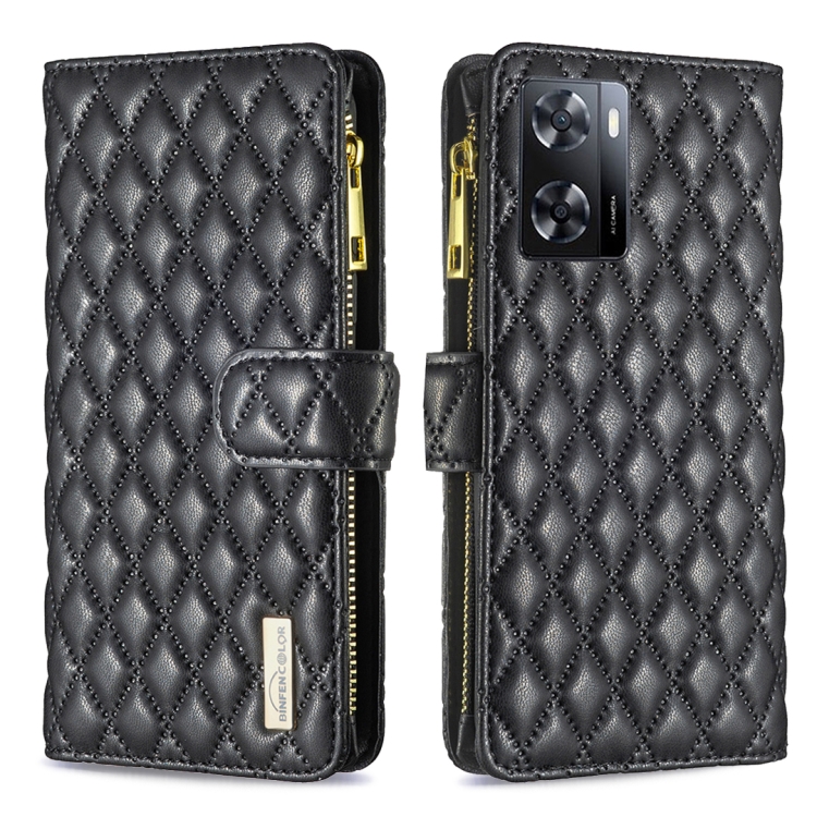 

For OPPO A57 4G Diamond Lattice Zipper Wallet Leather Flip Phone Case(Black)