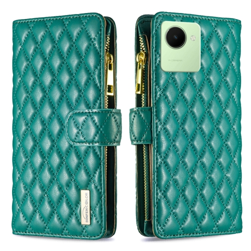 

For Realme C30 Diamond Lattice Zipper Wallet Leather Flip Phone Case(Green)