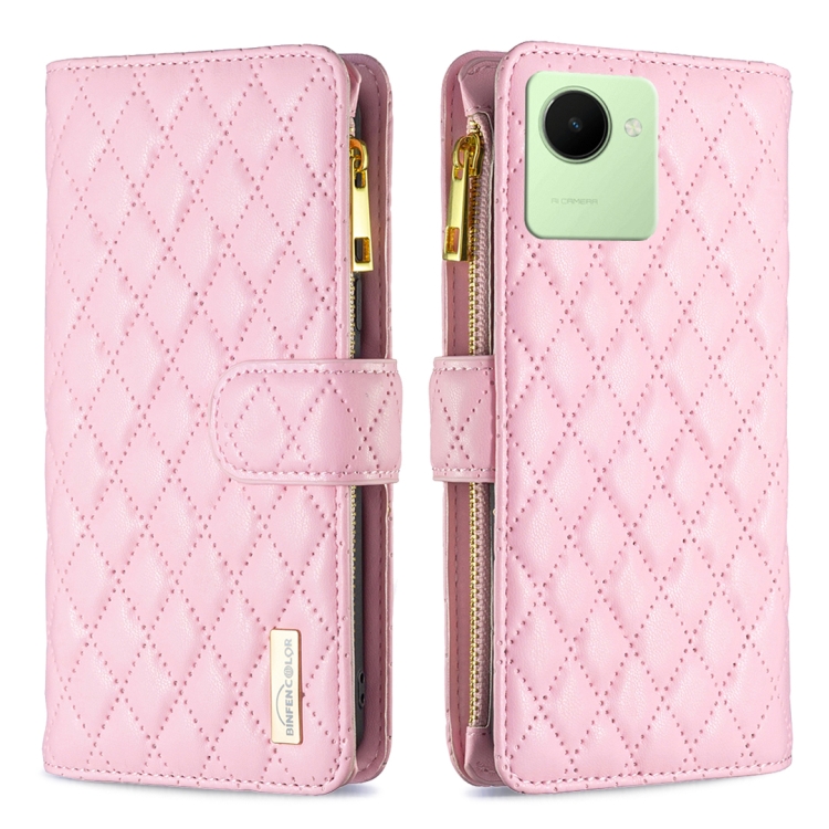 

For Realme C30 Diamond Lattice Zipper Wallet Leather Flip Phone Case(Pink)