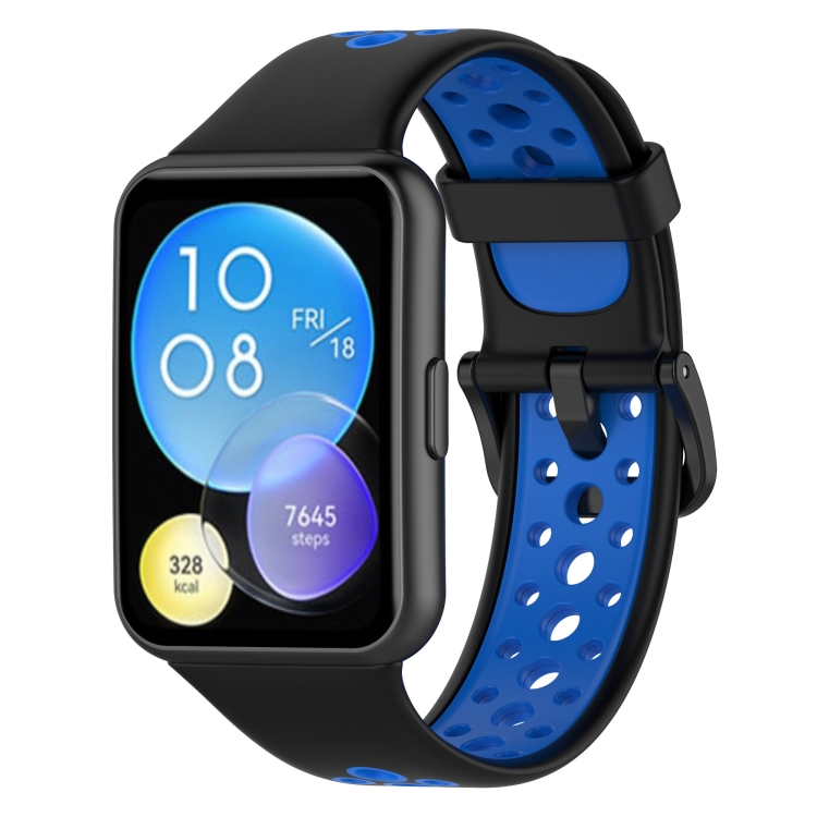 

For Huawei Watch Fit 2 Two-Color Breathable Silicone Watch Band(Black+Blue)