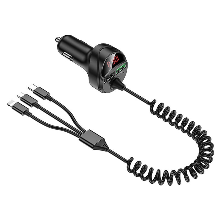 

C68 LED Digital Display QC3.0 Fast Car Charger 3 in 1 with Spring Cable(Black)