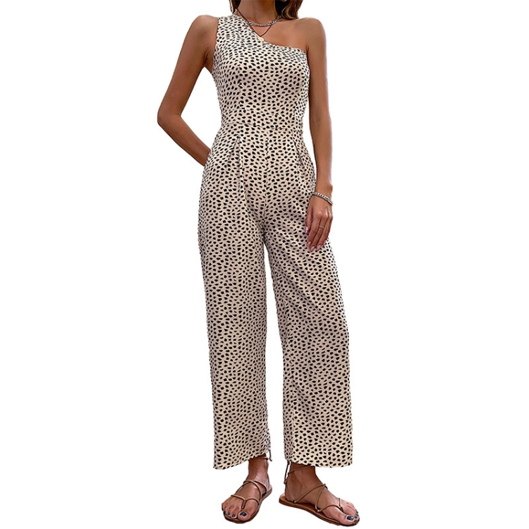 

One-shoulder Sling Straight-leg Sleeveless Leopard Print Jumpsuit, Size:S(Apricot)
