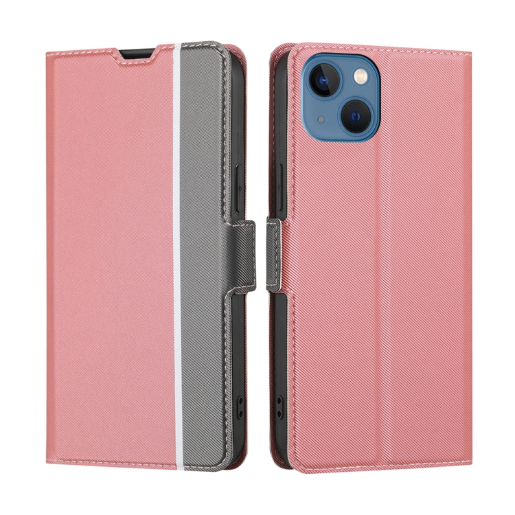 

For iPhone 14 Twill Texture Side Button Leather Phone Case (Pink)