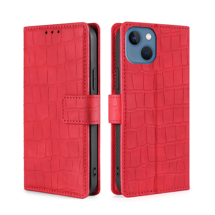 

For iPhone 14 Skin Feel Crocodile Magnetic Clasp Leather Phone Case (Red)