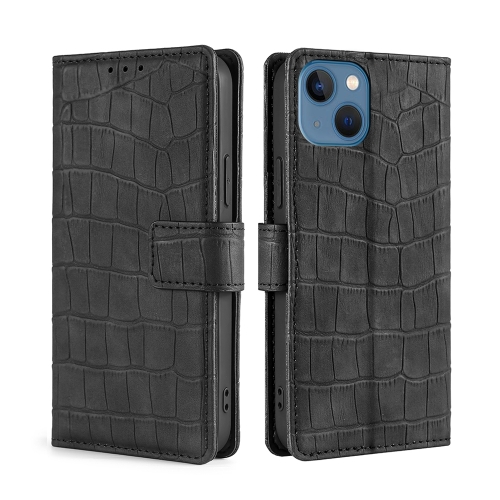 

For iPhone 14 Skin Feel Crocodile Magnetic Clasp Leather Phone Case (Black)