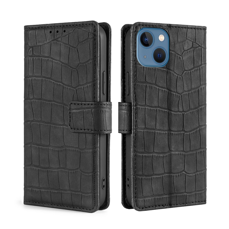 

For iPhone 14 Plus Skin Feel Crocodile Magnetic Clasp Leather Phone Case (Black)