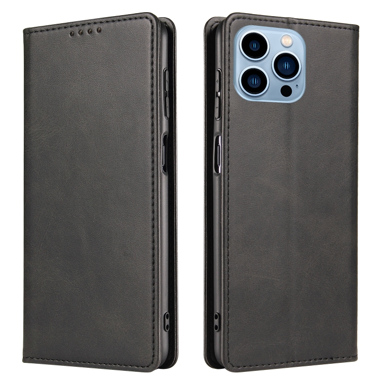

For iPhone 14 Pro Max Calf Texture Magnetic Flip Leather Phone Case (Black)