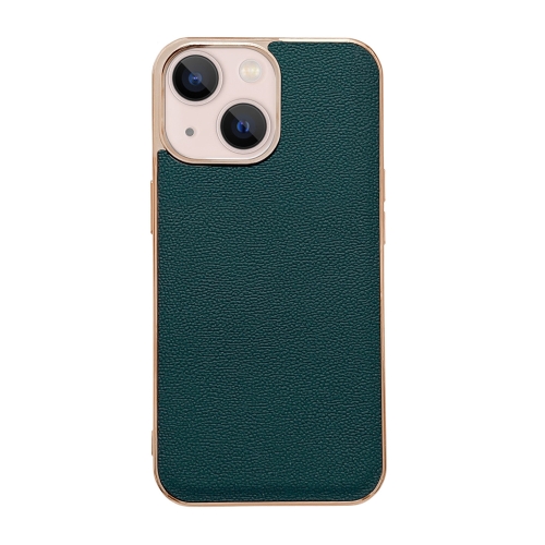 

For iPhone 14 Plus Genuine Leather Luolai Series Nano Electroplating Phone Case (Dark Green)