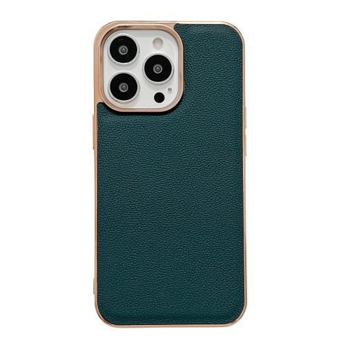 

For iPhone 14 Pro Genuine Leather Luolai Series Nano Electroplating Phone Case(Dark Green)