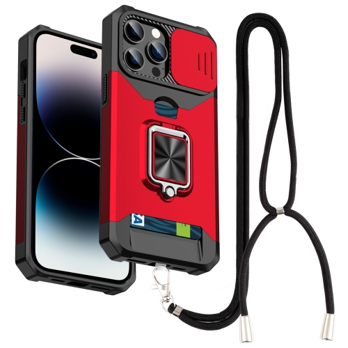 

Lanyard Slide Camshield Ring Card Phone Case For iPhone 14 Pro Max(Red)