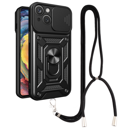 

Lanyard Slide Camshield Ring Phone Case For iPhone 14(Black)