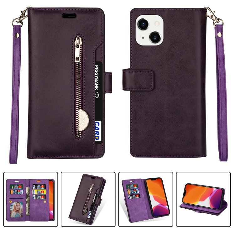 

For iPhone 14 Multifunctional Zipper Horizontal Flip Leather Case (Purple)