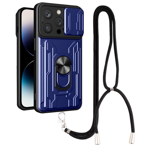 

For iPhone 14 Pro Lanyard Slide Camshield Card Phone Case(Royal Blue)