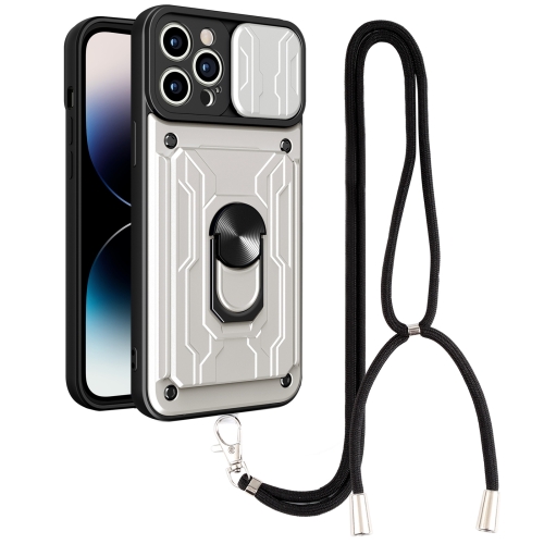 

For iPhone 14 Pro Max Lanyard Slide Camshield Card Phone Case (White)