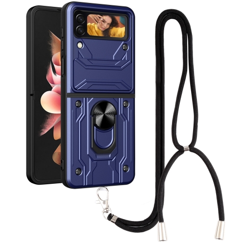 For Samsung Galaxy Z Flip4 Lanyard Slide Camshield Card Phone Case(Royal Blue)