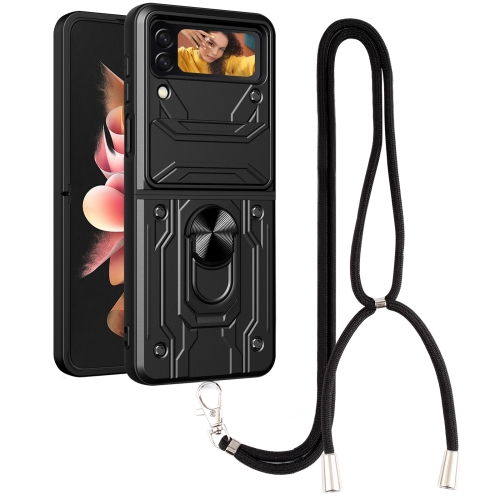For Samsung Galaxy Z Flip4 Lanyard Slide Camshield Card Phone Case(Black)