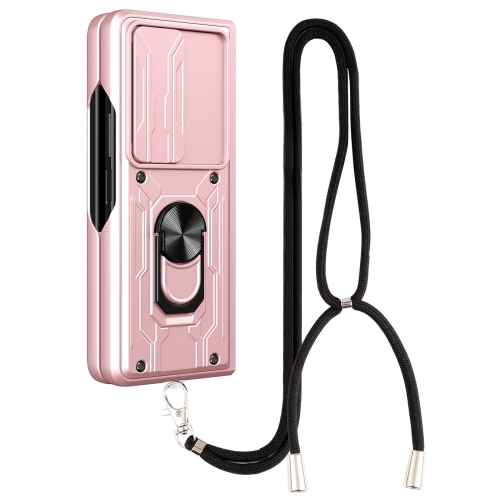 

For Samsung Galaxy Z Fold4 Lanyard Slide Camshield Card Phone Case(Rose Gold)