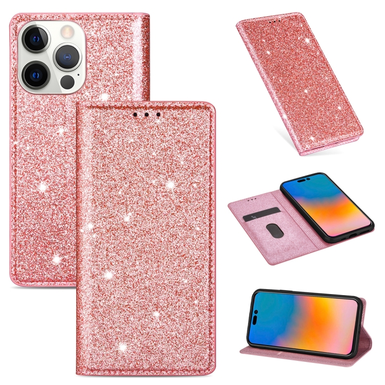 

For iPhone 14 Pro Ultrathin Glitter Magnetic Leather Case(Rose Gold)