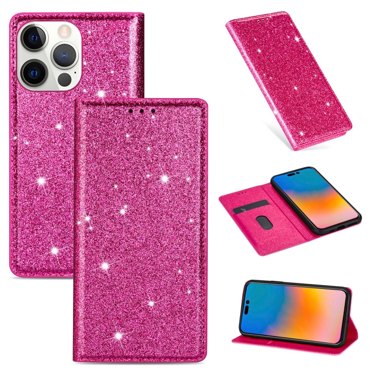 

For iPhone 14 Pro Max Ultrathin Glitter Magnetic Leather Case(Rose Red)