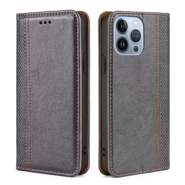 

For iPhone 14 Pro Grid Texture Magnetic Flip Leather Phone Case(Grey)