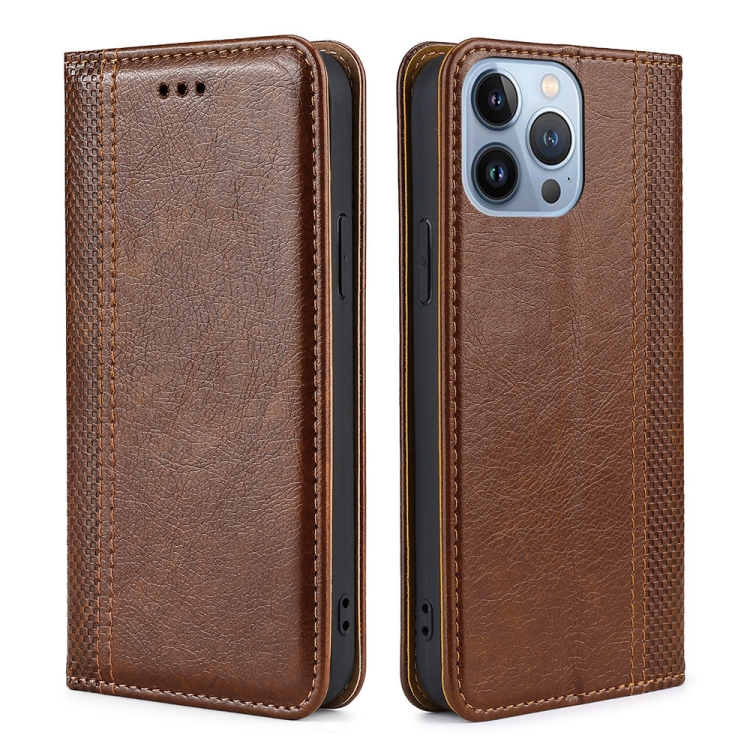 

Grid Texture Magnetic Flip Leather Phone Case For iPhone 14 Pro Max(Brown)