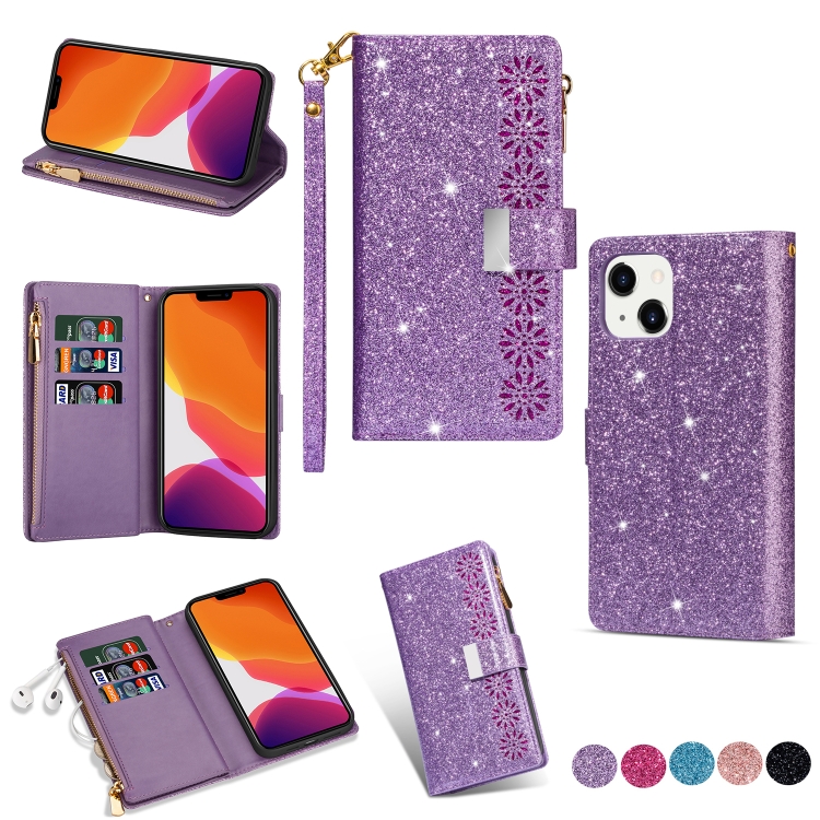 

Multi-card Slots Laser Carving Glitter Zipper Leather Case For iPhone 14 Max(Purple)