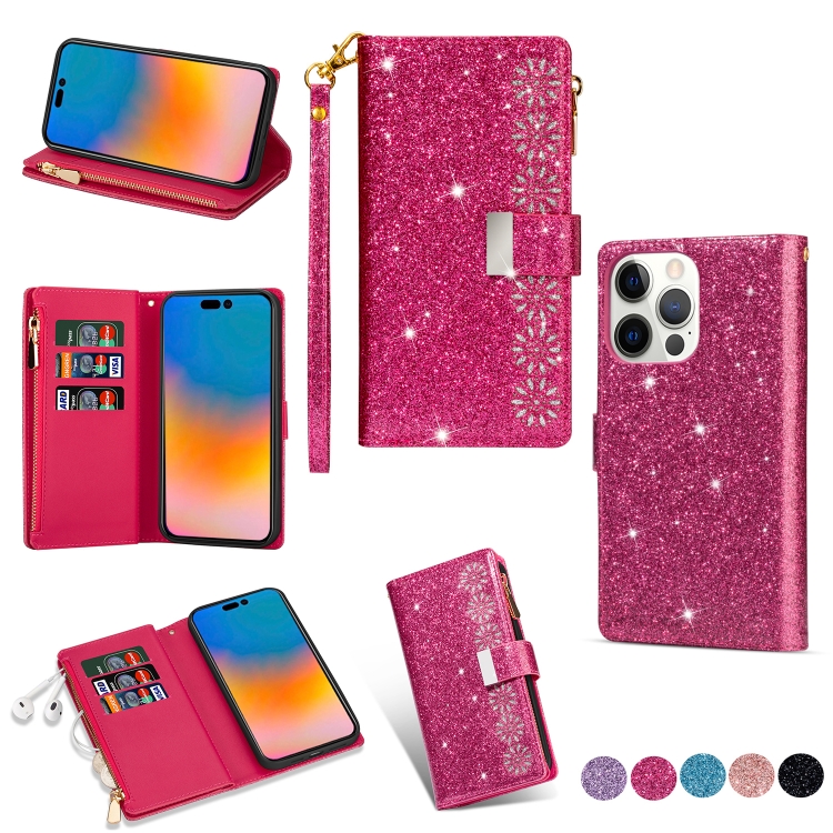 

Multi-card Slots Laser Carving Glitter Zipper Leather Case For iPhone 14 Pro(Rose Red)