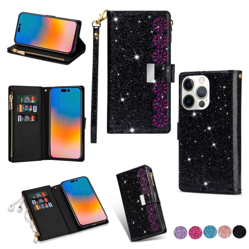 

Multi-card Slots Laser Carving Glitter Zipper Leather Case For iPhone 14 Pro Max(Black)