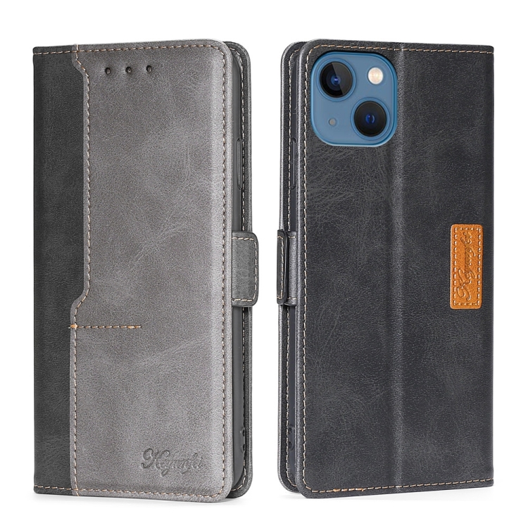 

For iPhone 14 Plus Contrast Color Side Buckle Leather Phone Case (Black + Grey)