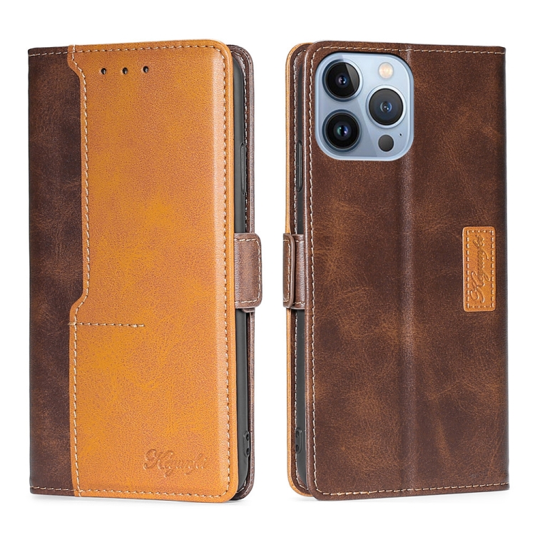 

For iPhone 14 Pro Contrast Color Side Buckle Leather Phone Case(Dark Brown + Gold)