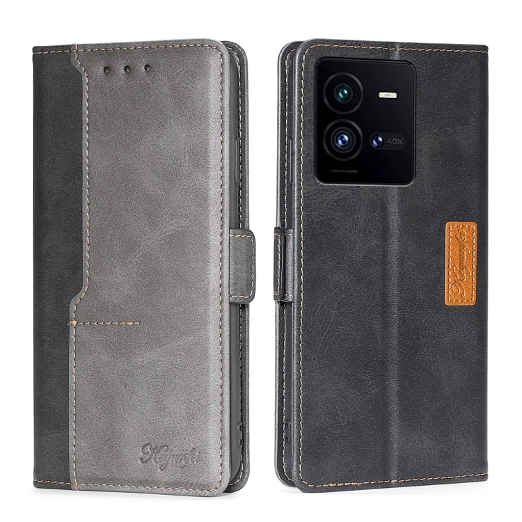 

For vivo iQOO 10 Pro 5G Contrast Color Side Buckle Leather Phone Case(Black + Grey)