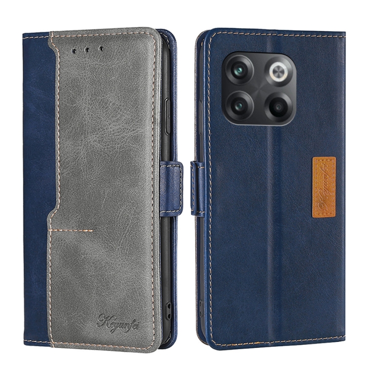 

For OnePlus 10T Contrast Color Side Buckle Leather Phone Case(Blue + Grey)