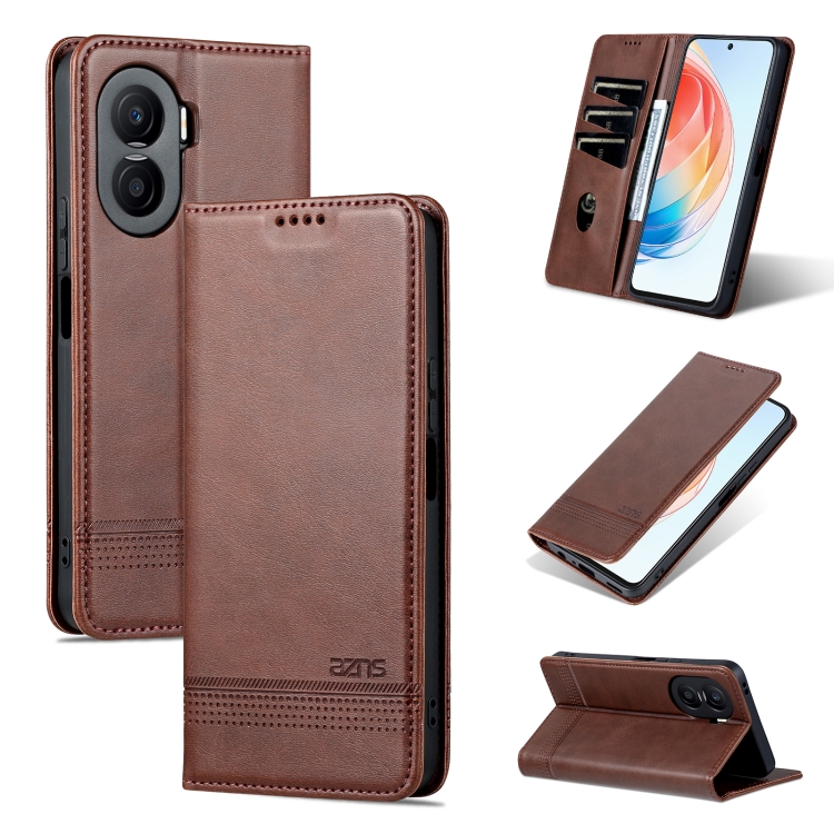 

For Honor X40i AZNS Magnetic Calf Texture Flip Leather Phone Case(Dark Brown)